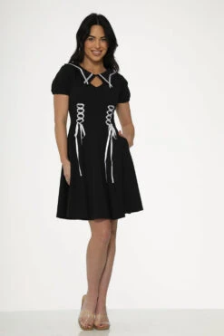 Black & White Trim Gothic Swing Dress 10 Black & White Trim Gothic Swing Dress -Molly Bracken Clothing Shop 10481 Black White Trim Gothic Dress 18