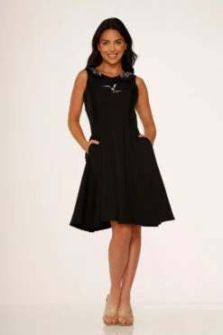 Black Bat Embroidered Swing Dress -Molly Bracken Clothing Shop 10600 Black Spider Bat Dress 2