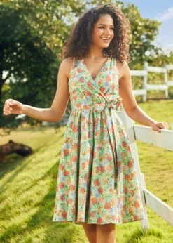 Vibrant Charm Faux-Wrap Dress -Molly Bracken Clothing Shop 208070 GRNREDRUSTBLUESAGE 4