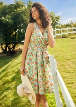 Vibrant Charm Faux-Wrap Dress -Molly Bracken Clothing Shop 208070 GRNREDRUSTBLUESAGE 5