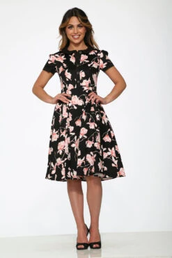 Black & Pink Floral Swing Dress -Molly Bracken Clothing Shop 21160 Black Pink Floral Dress 2