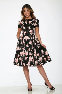Black & Pink Floral Swing Dress -Molly Bracken Clothing Shop 21160 Black Pink Floral Dress 8