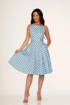 Light Blue White Polka Dot Swing Dress -Molly Bracken Clothing Shop 21922 Light Blue White Dot Dress 3