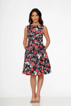 Navy Floral Swing Dress 8 Navy Floral Swing Dress -Molly Bracken Clothing Shop 23350NavyRedRoseDress 2