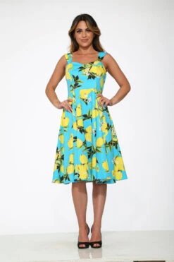 Lemon Print Swing Dress -Molly Bracken Clothing Shop 3558 Aqua Lemon Dress 3