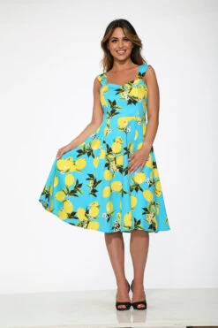 Lemon Print Swing Dress -Molly Bracken Clothing Shop 3558 Aqua Lemon Dress 4