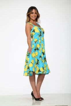 Lemon Print Swing Dress -Molly Bracken Clothing Shop 3558 Aqua Lemon Dress 7
